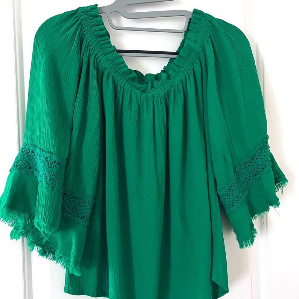 Maven West Emerald Green Peasant Blouse with Crochet Trim